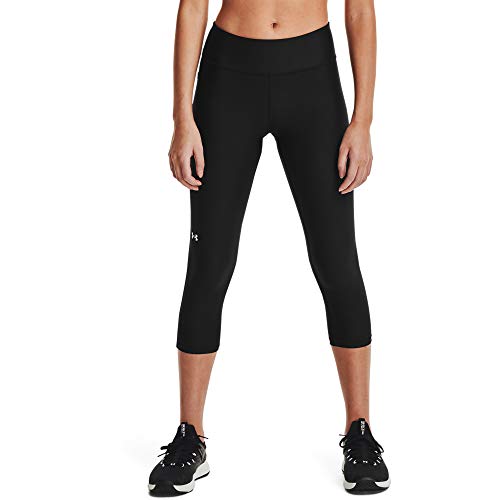 Under Armour Women's HeatGear Armour Mid No-Slip Waistband Pocketed Capri , Black (001)/White , Large