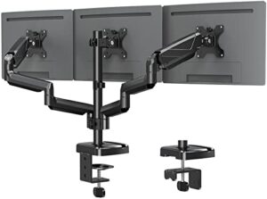 mountup triple monitor desk mount, 3 monitor stand for three max 27 inch computer screen, 4.4-19.8lbs heavy duty gas spring triple monitor arm holder, vesa bracket with clamp/grommet base, black