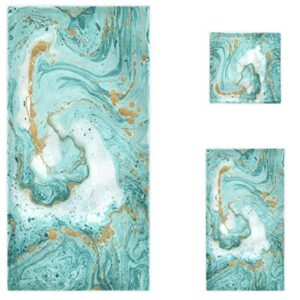 naanle 3d beautiful green marble soft luxury decorative set of 3 towels, 1 bath towel+1 hand towel+1 washcloth, multipurpose for bathroom, hotel, gym, spa and kitchen