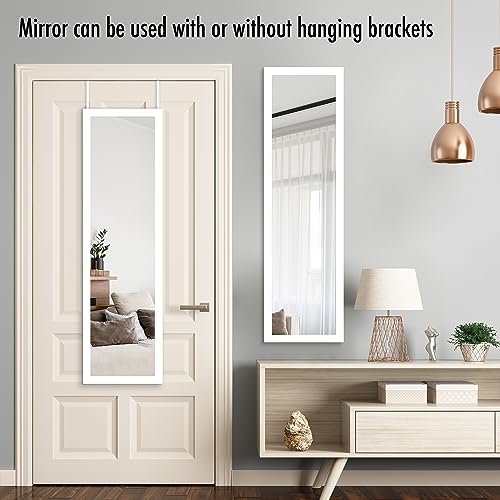 Americanflat 12x48 White Over The Door Mirror with Hanging Brackets - Door Mirrors for Bedroom Full Length, Bathroom, Dorm - Long Full Body Mirror with Hanger and Shatter-Resistant Glass