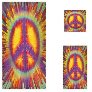 naanle trendy tie-dye peace sign soft luxury decorative set of 3 towels, 1 bath towel+1 hand towel+1 washcloth, multipurpose for bathroom, hotel, gym, spa and beach