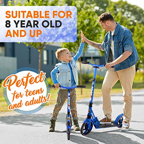 Hurtle Lightweight and Foldable Kick Scooter - Adjustable Scooter for Teens and Adult, Alloy Deck with High Impact Wheels (Blue)