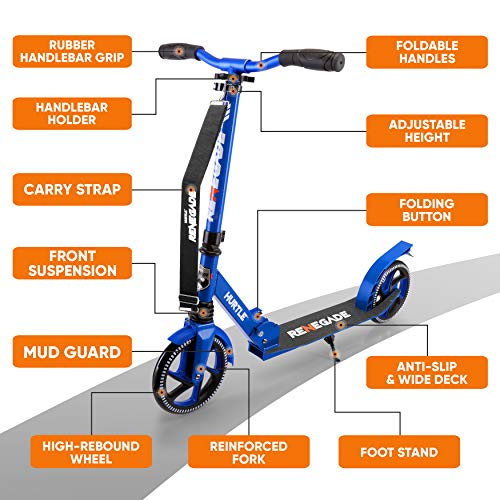 Hurtle Lightweight and Foldable Kick Scooter - Adjustable Scooter for Teens and Adult, Alloy Deck with High Impact Wheels (Blue)