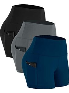 cadmus women's high waist yoga shorts spandex running side pockets, 16#, navy & grey & black,medium