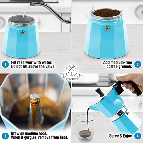 Zulay Classic Italian Style 5.5 Espresso Cup Moka Pot, Classic Stovetop Espresso Maker for Great Flavored Strong Espresso, Makes Delicious Coffee, Easy to Operate & Quick Cleanup Pot (Blue)