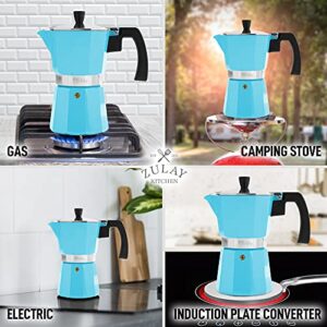 Zulay Classic Italian Style 5.5 Espresso Cup Moka Pot, Classic Stovetop Espresso Maker for Great Flavored Strong Espresso, Makes Delicious Coffee, Easy to Operate & Quick Cleanup Pot (Blue)