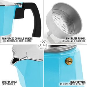 Zulay Classic Italian Style 5.5 Espresso Cup Moka Pot, Classic Stovetop Espresso Maker for Great Flavored Strong Espresso, Makes Delicious Coffee, Easy to Operate & Quick Cleanup Pot (Blue)