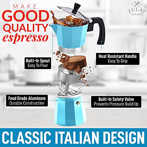 Zulay Classic Italian Style 5.5 Espresso Cup Moka Pot, Classic Stovetop Espresso Maker for Great Flavored Strong Espresso, Makes Delicious Coffee, Easy to Operate & Quick Cleanup Pot (Blue)