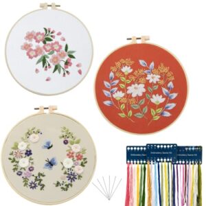chfine 3 pack embroidery starter kit with pattern, cross stitch kit for adults beginners, including stamped embroidery cloth with 1 embroidery hoops, color threads and tool(mothers day gifts)
