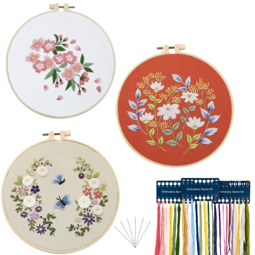 chfine 3 Pack Embroidery Starter Kit with Pattern, Cross Stitch Kit for Adults Beginners, Including Stamped Embroidery Cloth with 1 Embroidery Hoops, Color Threads and Tool(Mothers Day Gifts)