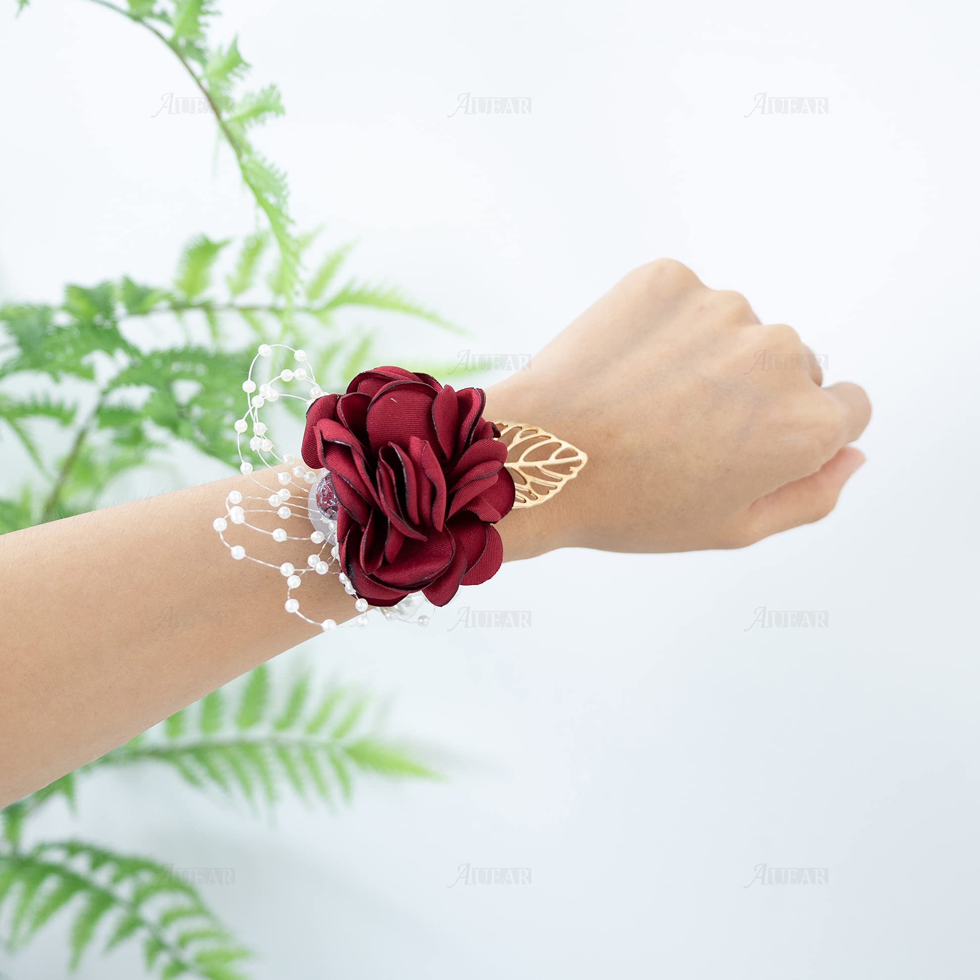 AUEAR, Rose Bridal Burgundy Red Wrist Corsage and Boutonniere Set Bridesmaid Hand Flower for Wedding