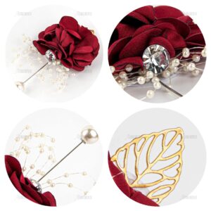 AUEAR, Rose Bridal Burgundy Red Wrist Corsage and Boutonniere Set Bridesmaid Hand Flower for Wedding
