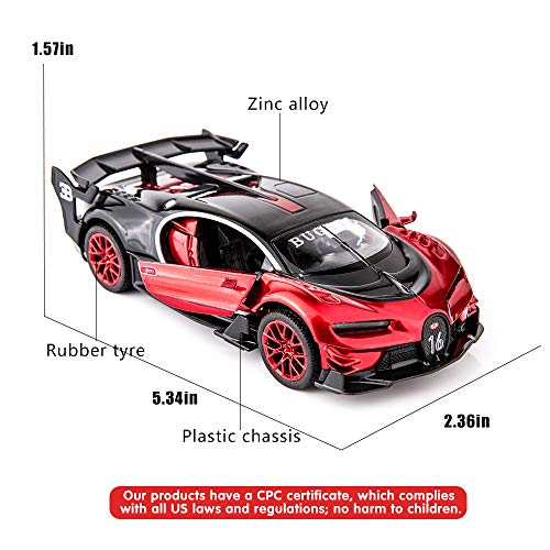 BDTCTK Bugatti Vision GT Supercar 1/32 Zinc Alloy Die Casting Pull Back Car Model Toy Sound and Light for Boy Girl Gift （red）