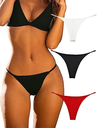 KUKU PANDA Cotton Thongs for Women Sexy Seamless Woman G String Panties 3 Pack Set (Black/Red/White, Small)