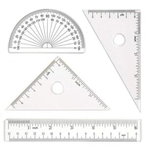 coopay 4 pieces math geometry tool set includes plastic clear ruler, protractor, triangle for school office home supplies (6 inch)