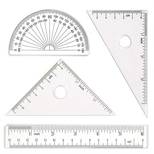 Coopay 4 Pieces Math Geometry Tool Set Includes Plastic Clear Ruler, Protractor, Triangle for School Office Home Supplies (6 inch)