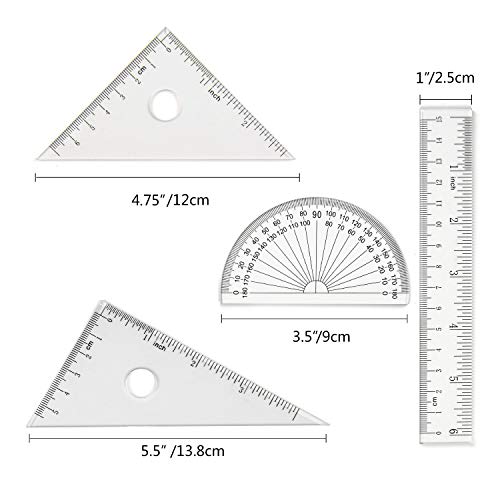 Coopay 4 Pieces Math Geometry Tool Set Includes Plastic Clear Ruler, Protractor, Triangle for School Office Home Supplies (6 inch)