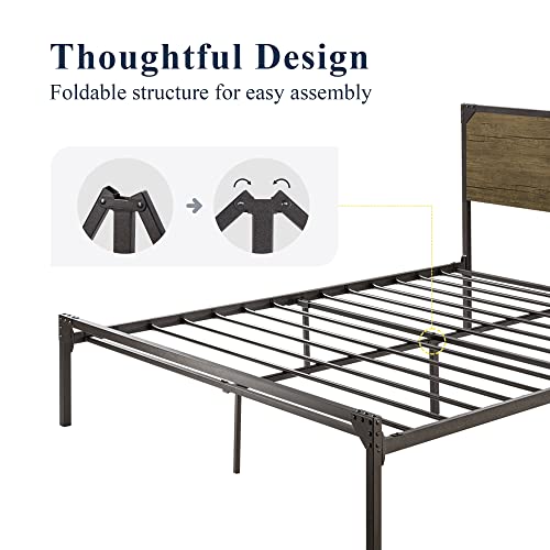 Allewie Full Size Bed Frame with Wood Headboard, Metal Platform Frame with Strong Slats and Rivet Decoration, Easy Assembly, No Box Spring Needed, Noise Free, Brown