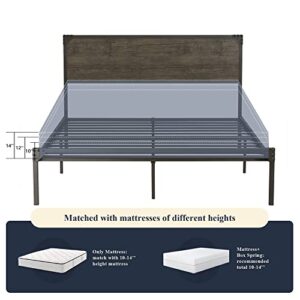 Allewie Full Size Bed Frame with Wood Headboard, Metal Platform Frame with Strong Slats and Rivet Decoration, Easy Assembly, No Box Spring Needed, Noise Free, Brown