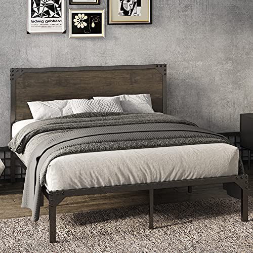 Allewie Full Size Bed Frame with Wood Headboard, Metal Platform Frame with Strong Slats and Rivet Decoration, Easy Assembly, No Box Spring Needed, Noise Free, Brown