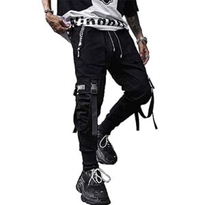xyxiongmao men's jogger techwear pants hip hop goth pants streetwear harem pants sweat pants tactical track pants multi pocket black joggers cyberpunk cargo cool baggy pants (black, m)