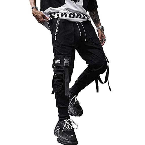 XYXIONGMAO Men's Jogger Techwear Pants Hip Hop Goth Pants Streetwear Harem Pants Sweat Pants Tactical Track Pants Multi Pocket Black Joggers Cyberpunk Cargo Cool Baggy Pants (Black, M)