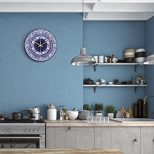 Lafocuse 12 Inch Blue and White Wall Clock, Navy Blue China Ceramic Wall Clock for Living Room Decor, Kitchen Clock Wall Decorative Battery Operated Silent Non-Ticking Bedroom Home Office