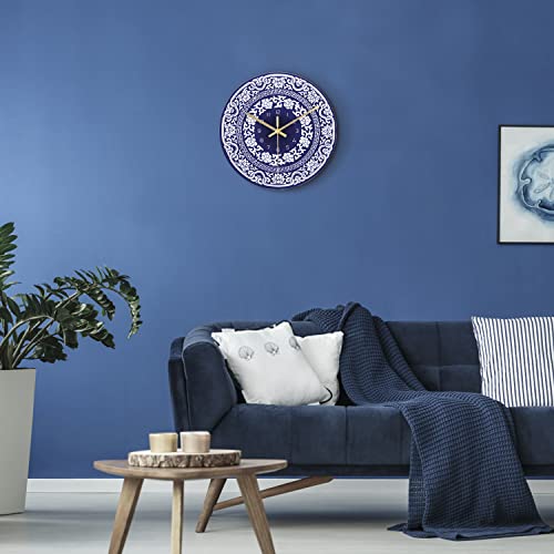 Lafocuse 12 Inch Blue and White Wall Clock, Navy Blue China Ceramic Wall Clock for Living Room Decor, Kitchen Clock Wall Decorative Battery Operated Silent Non-Ticking Bedroom Home Office