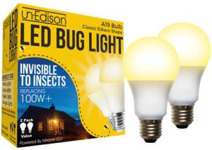 un-edison a19 led bug light - replaces 100w - yellow spectrum e26 medium outdoor bulb for porch patio & deck - upgrade your old painted incandescent bug bulbs to amber glow 2-pack