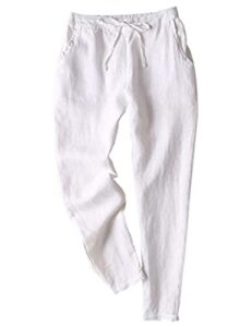 tanming linen pants for women summer casual high waisted drawstring white beach pant (white, m)