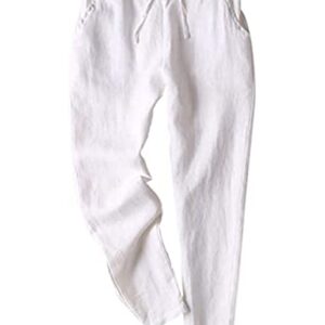 Tanming Linen Pants for Women Summer Casual High Waisted Drawstring White Beach Pant (White, M)