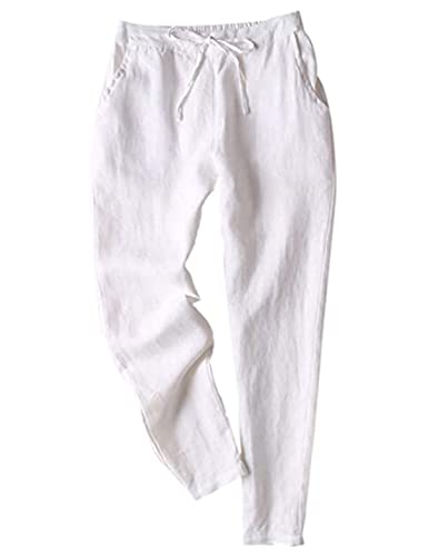 Tanming Linen Pants for Women Summer Casual High Waisted Drawstring White Beach Pant (White, M)