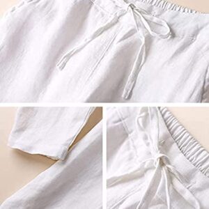 Tanming Linen Pants for Women Summer Casual High Waisted Drawstring White Beach Pant (White, M)