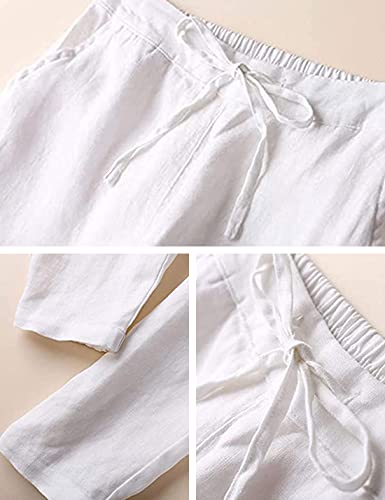 Tanming Linen Pants for Women Summer Casual High Waisted Drawstring White Beach Pant (White, M)