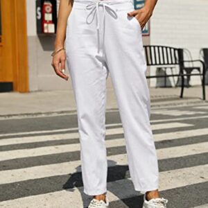 Tanming Linen Pants for Women Summer Casual High Waisted Drawstring White Beach Pant (White, M)