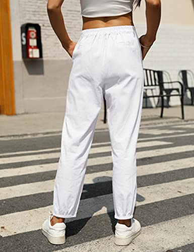 Tanming Linen Pants for Women Summer Casual High Waisted Drawstring White Beach Pant (White, M)