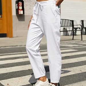 Tanming Linen Pants for Women Summer Casual High Waisted Drawstring White Beach Pant (White, M)