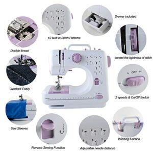 NEX Portable Sewing Machine Double Speeds for Beginner, Kids Sewing Machine with Reverse Sewing and 12 Built-In Stitches, Light Purple