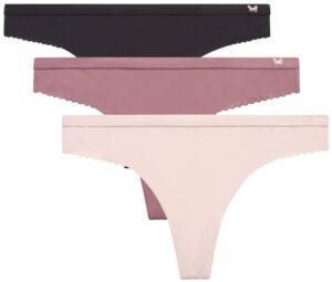 jessica simpson women's underwear - 3 pack microfiber lace thong panties (s-xl), size small, black/grape shake/rose smoke