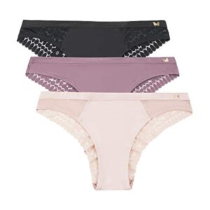 jessica simpson women's underwear - 3 pack microfiber lace tanga panties (s-xl), size medium, black/grape shake/rose smoke