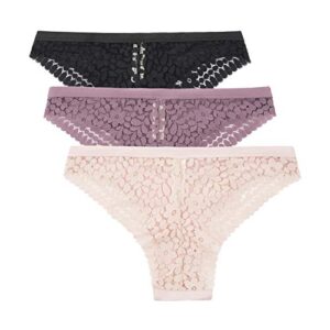 Jessica Simpson Women's Underwear - 3 Pack Microfiber Lace Tanga Panties (S-XL), Size Medium, Black/Grape Shake/Rose Smoke