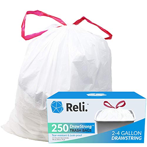 Reli. 2-4 Gallon Trash Bags Drawstring | 250 Count | 18"x 20" | Small Garbage Bags 4 Gallon - Drawstring Handles | White Trash Can Liners 2 Gallon - 3 Gallon - 4 Gallon | Small, Office Trash Bags