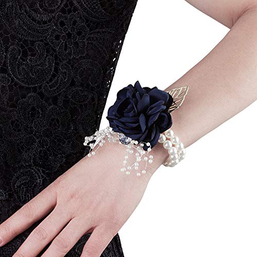 Crownguide Crownguide Wedding Boutineers Wrist Corsage Set Boutineer Wristlet Prom Bridal Rustic Corsage for Bridesmaid Womens Girls Navy Blue