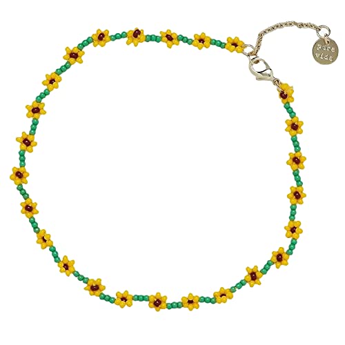 Pura Vida Sunflower Flower Seed Bead Anklet - Adjustable, Waterproof - Green