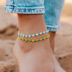 Pura Vida Sunflower Flower Seed Bead Anklet - Adjustable, Waterproof - Green