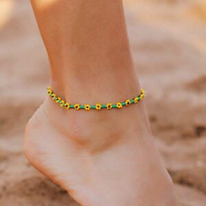 Pura Vida Sunflower Flower Seed Bead Anklet - Adjustable, Waterproof - Green