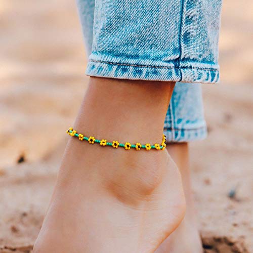 Pura Vida Sunflower Flower Seed Bead Anklet - Adjustable, Waterproof - Green