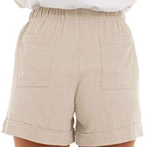 KINGFEN Womens Shorts Casual Lounge Cotton Shorts Casual for Summer Mid Rise Elastic Waist Linen Beach Pull On Comfy Drawstring Stretchy Short with Pockets Beige Medium