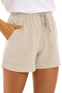 kingfen womens shorts casual lounge cotton shorts casual for summer mid rise elastic waist linen beach pull on comfy drawstring stretchy short with pockets beige medium