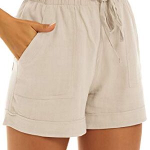 KINGFEN Womens Shorts Casual Lounge Cotton Shorts Casual for Summer Mid Rise Elastic Waist Linen Beach Pull On Comfy Drawstring Stretchy Short with Pockets Beige Medium